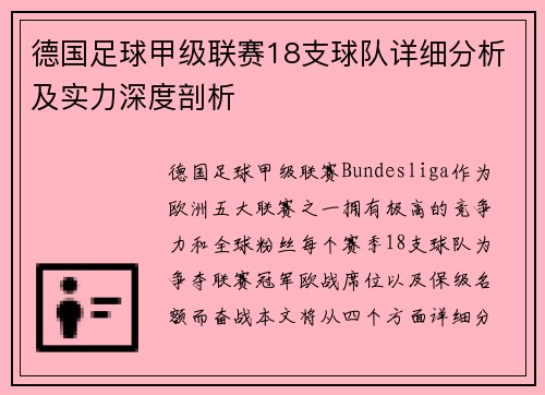 德国足球甲级联赛18支球队详细分析及实力深度剖析